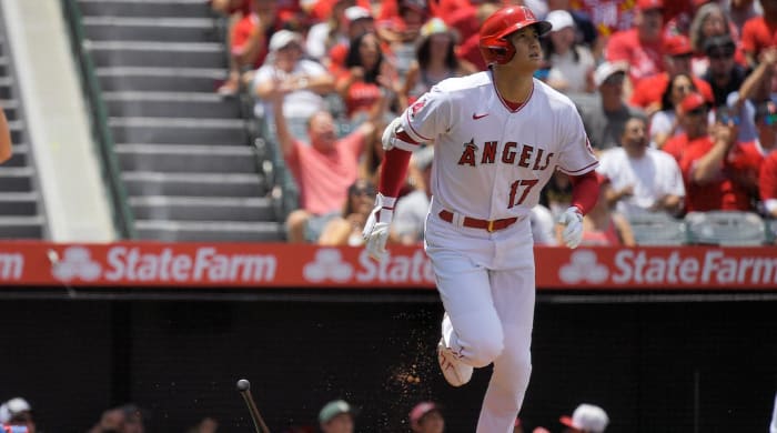 Los Angeles Angels’ Shohei Ohtani heads to first as he hits a solo home run during the first inning of a baseball game against the Toronto Blue Jays Sunday, May 29, 2022, in Anaheim, Calif.